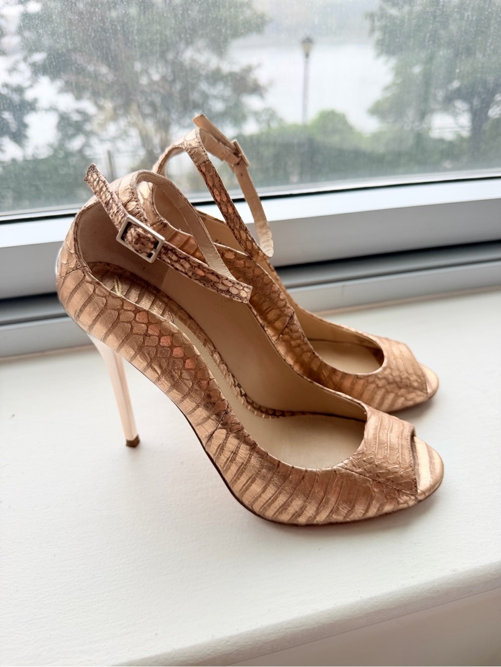 Brian Atwood Metallic Rose Gold Snakeskin Heels
